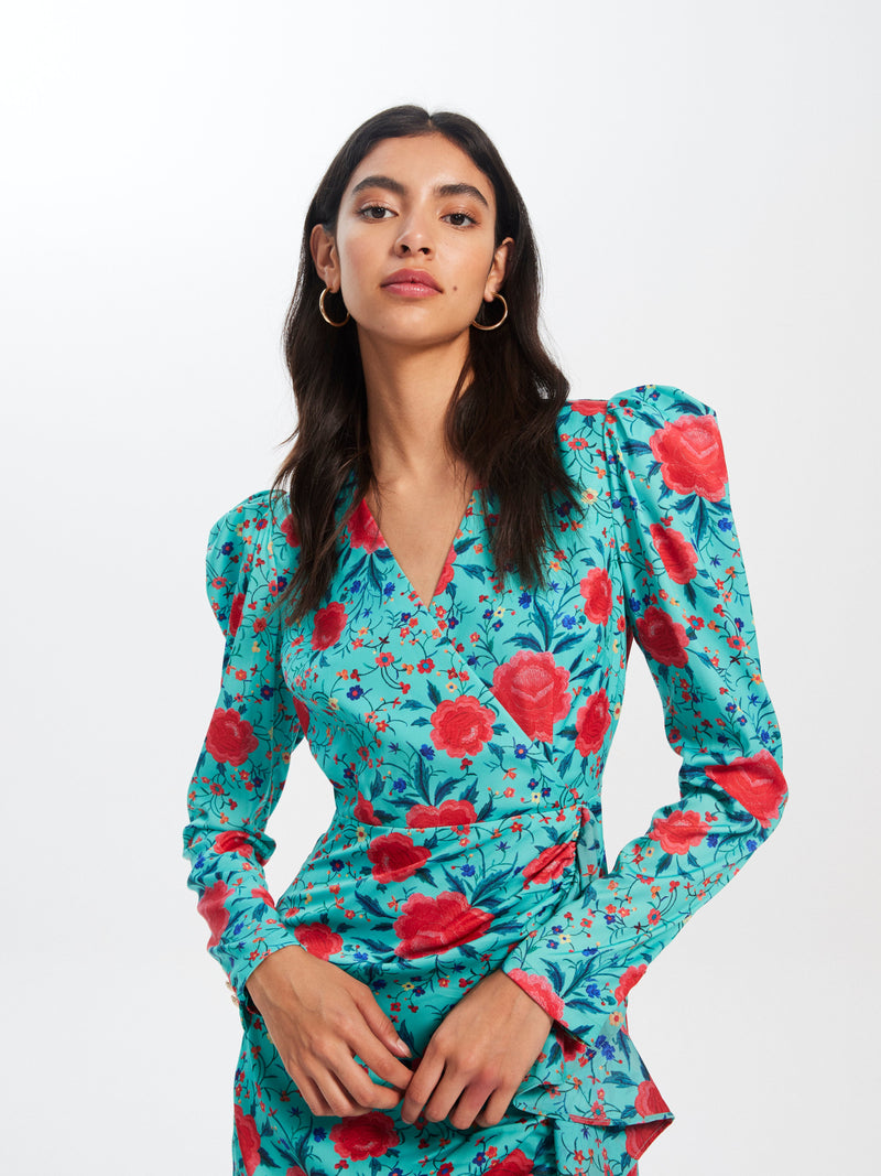 mioh | CARMEN MANILA - Vestido largo midi invitada boda, fiesta y evento, nuestro vestido midi estampado ml volante delantero de fiesta para ser la invitada de boda perfecta esta temporada Primavera Verano 23. Pura tendencia SS23. MIOH marca española invitada
