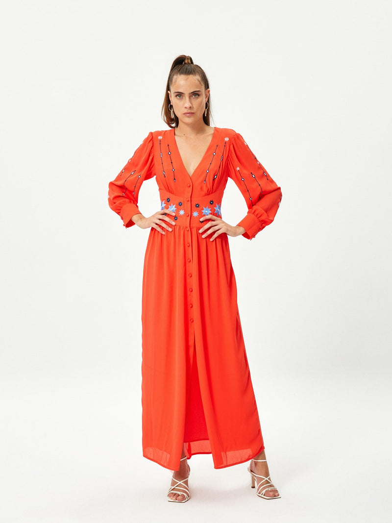 mioh | CARTAGENA - Vestido midi largo bordado para invitada de boda, fiestas, cóctel y toda clase de eventos especiales