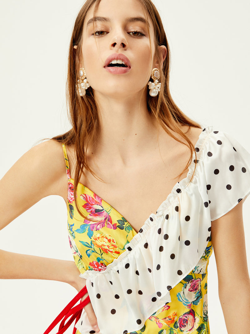DALIA - Floral print midi dress with polka dots