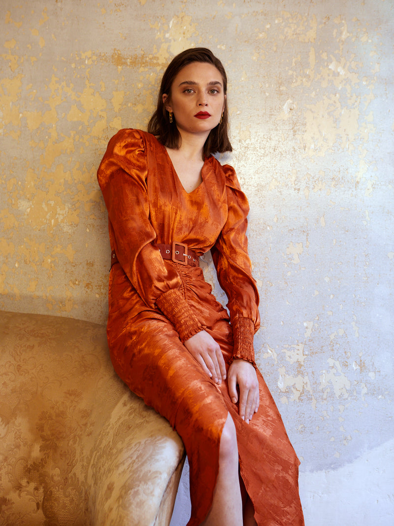 mioh | TANGO ORANGE - Vestido midi Jacquard para invitada boda y eventos