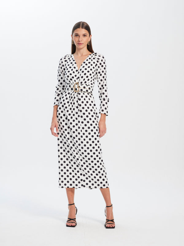 mioh | VICTORIA DOTS - Vestido largo midi estampado lunares de invitada boda, fiesta y evento, para ser la invitada de boda perfecta esta temporada Primavera Verano 23. Pura tendencia SS23. MIOH marca española invitada